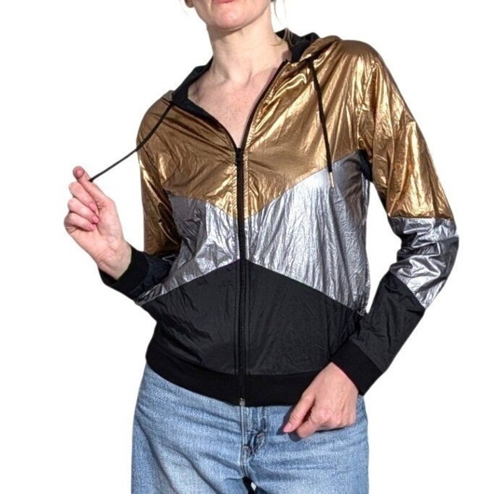 Askya Womens Travel Jacket Metallic Colorblock Windbreaker Hoodie Gold Silver XS